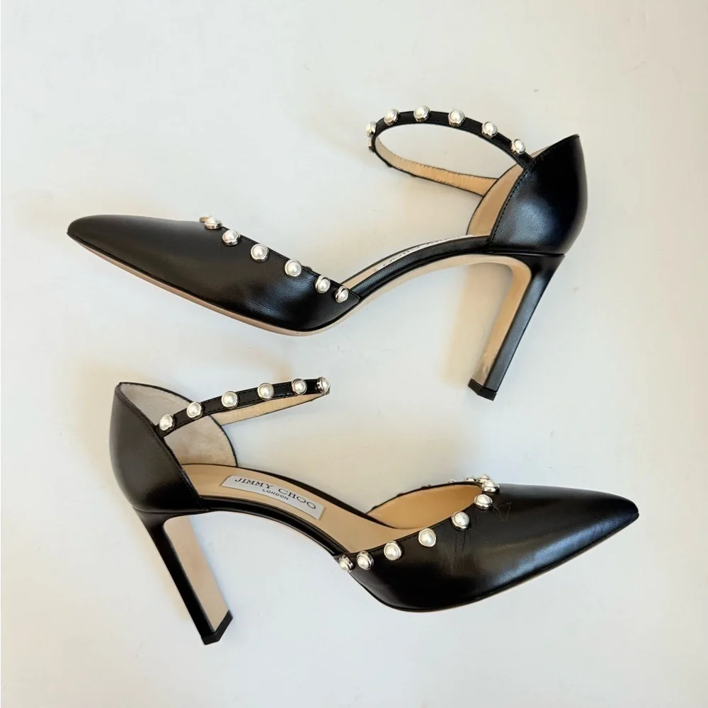 Jimmy Choo Black Nappa Leather Leema 85 pearls Mary Jane pumps EU 40